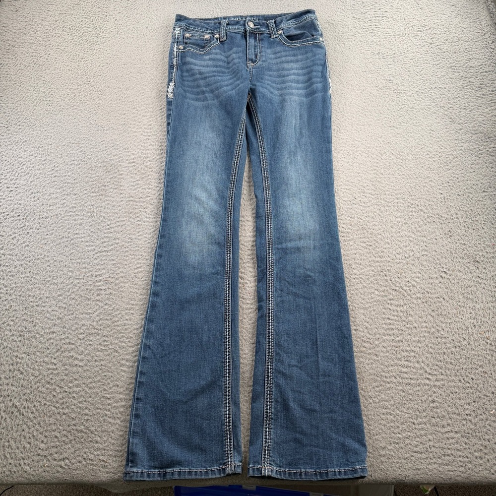 Grace in LA Bootcut Jeans Women 27x32 Blue Embellished Bling Contrast Stitch Y2K